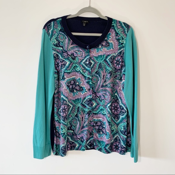 Talbots Sweaters - Talbots Woman Turquoise Moroccan Print Cardigan 3X